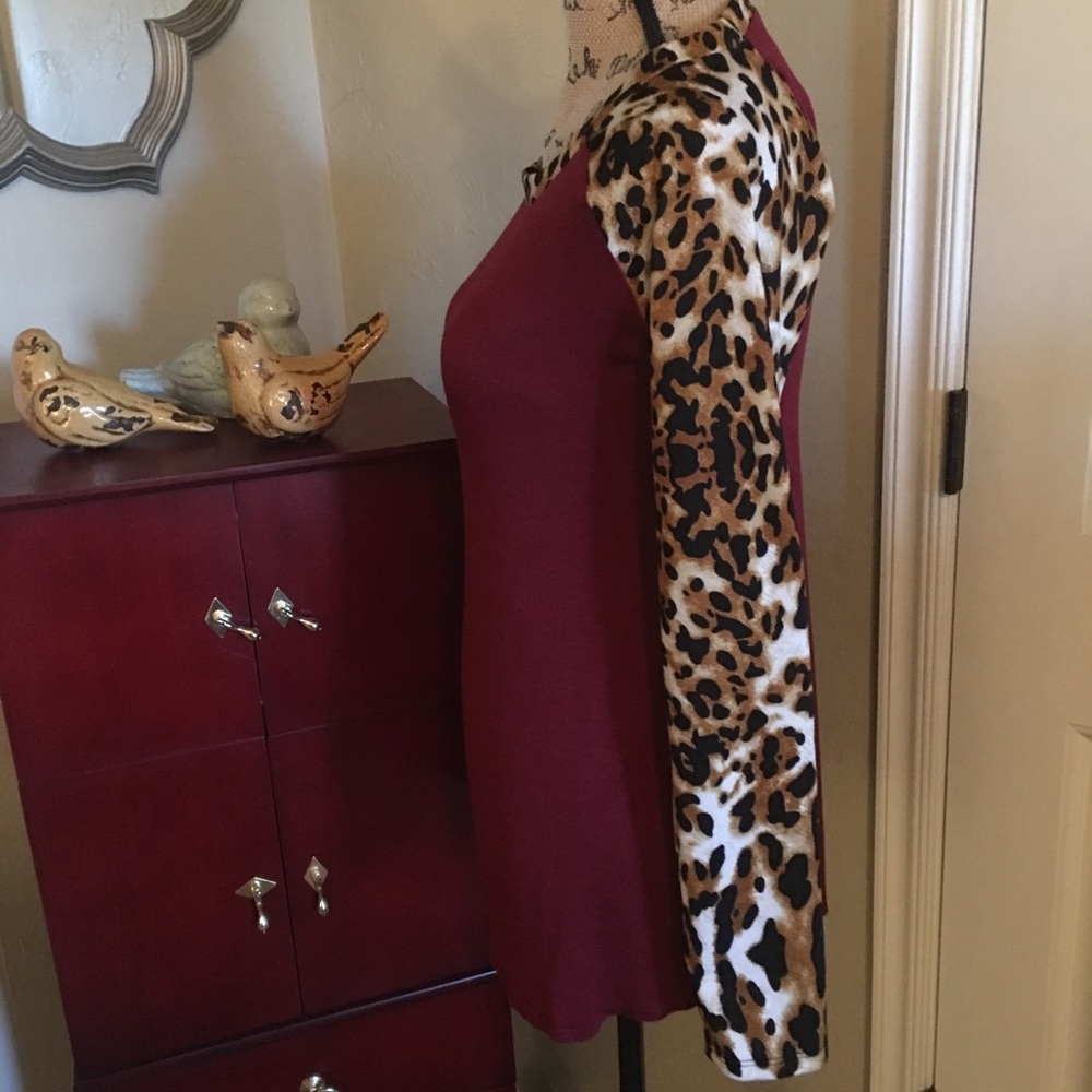 Maroon Top with Animal Print Sleeves and Trim - Picture 2 of 5